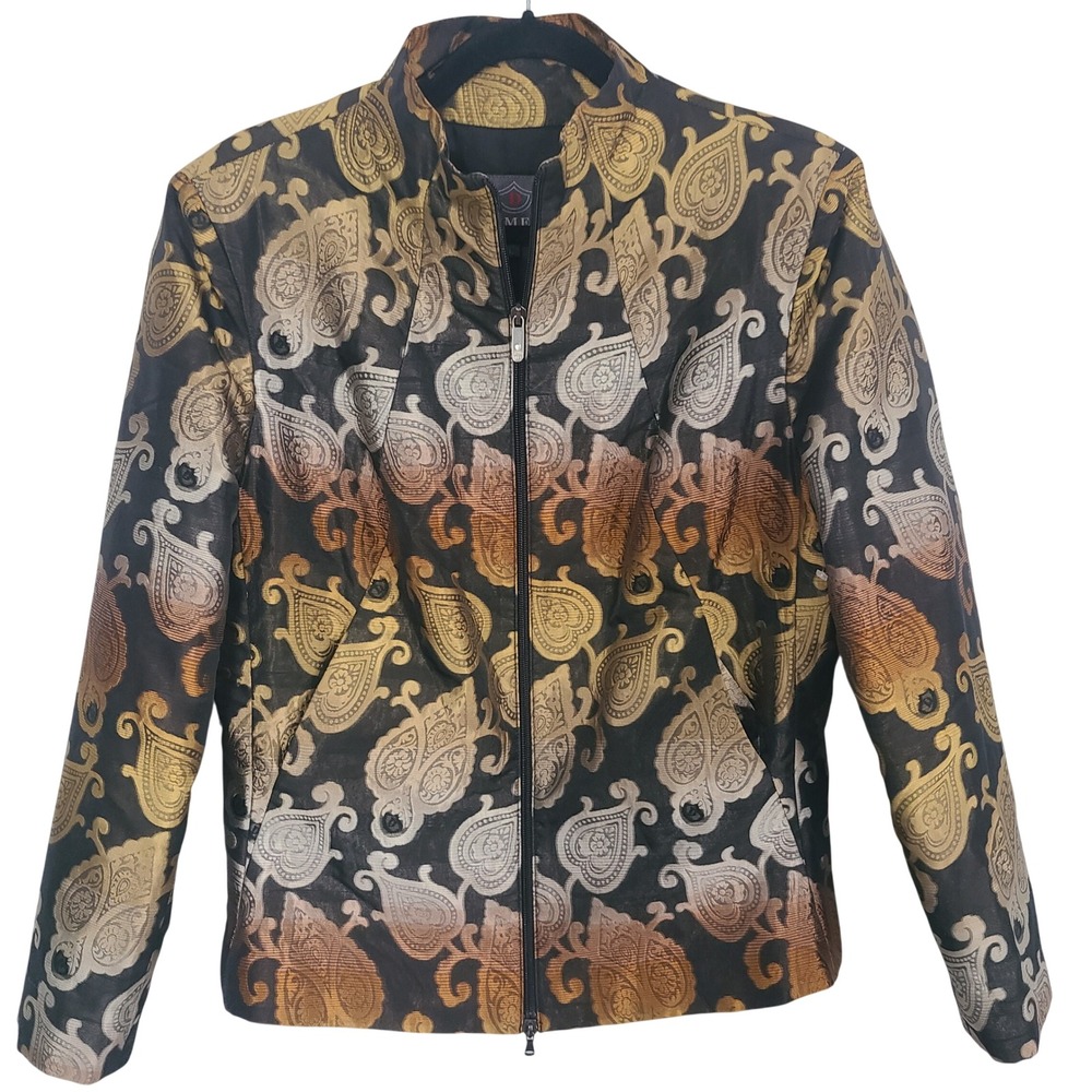 Dismero Italy Womens Large Paisley Brocade Zip Front Jacket Gold Bronze Metallic